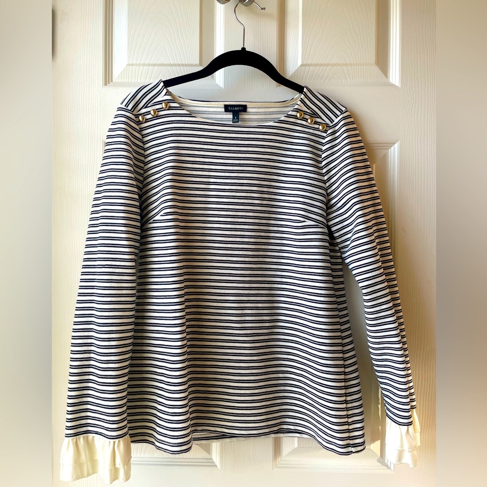Small Talbots size small striped blouse with ruffle sleeves and gold accents